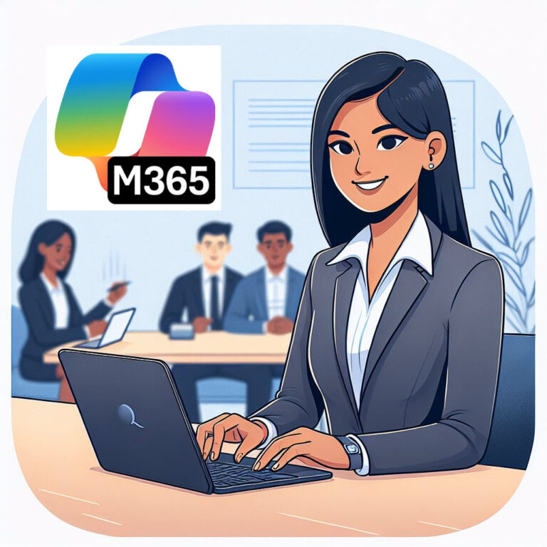 Een secretaresse notuleert op een laptop tijdns een vergadering. Bovenin een logo van Microsoft 365 Copilot